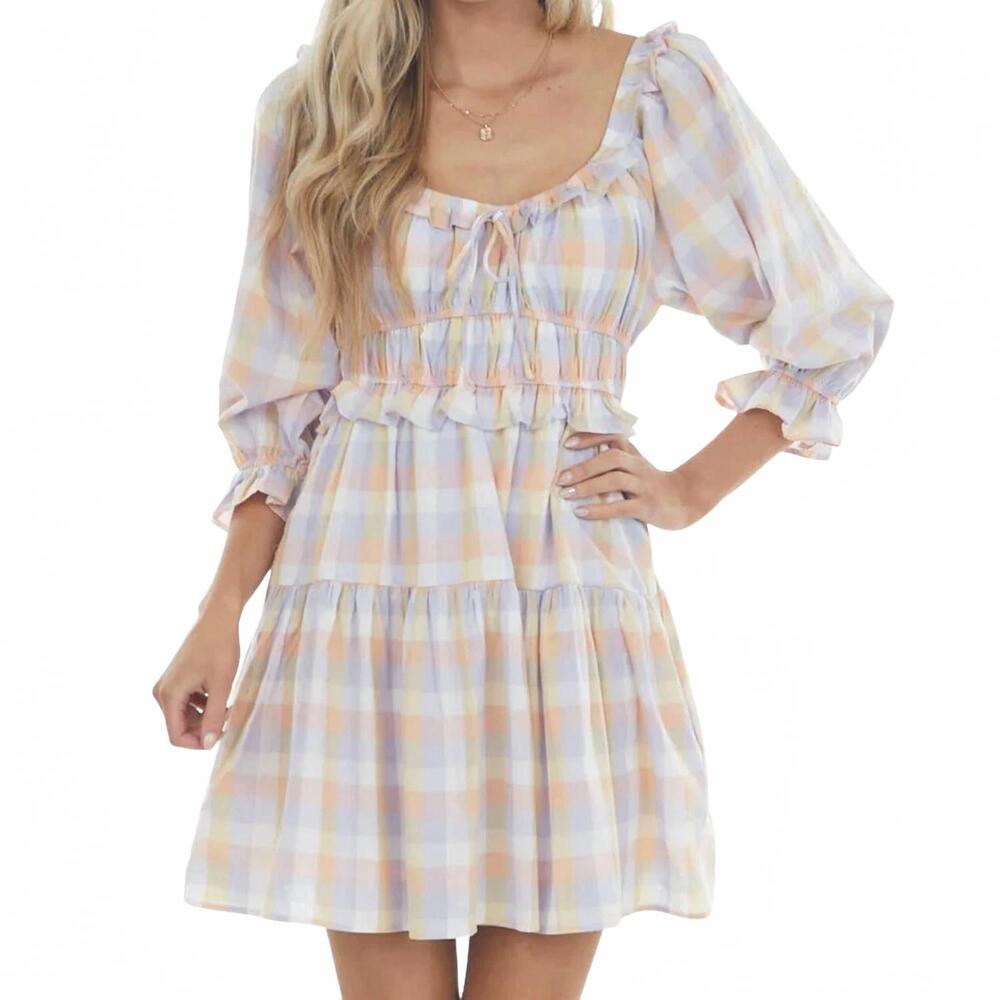 NEW ENTRO picnic plaid mini dress in pastel